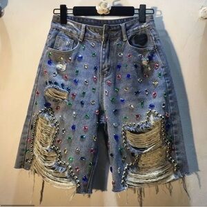 Embellished Distressed Denim Shorts